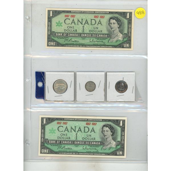 (2) 1967 Canada One Dollars (Uncirculated), 1967 Canada Silver 25 Cents and Silver 10 Cents, 5 Cents