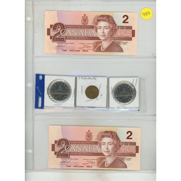 (2) 1986 Canada Two Dollars (Uncirculated), (2) 1986 Canada One Dollar (Coin), 1943 Canada Tombac 5 