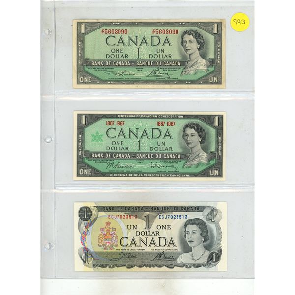 1954, 1967 (Uncirculated), 1973 (Ucirculated) Canada One Dollars.