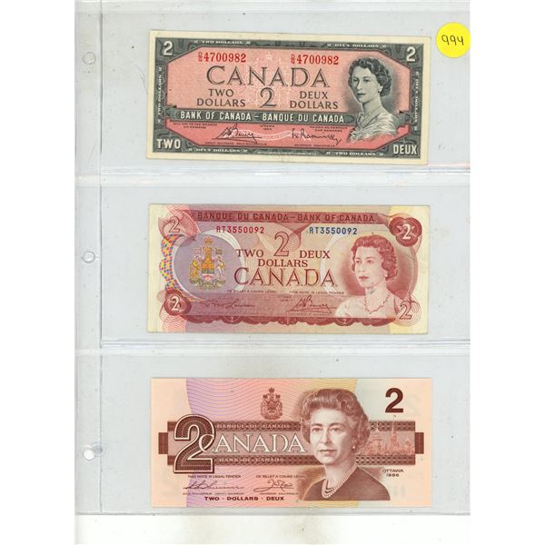 1954 (Uncirculated), 1974, 1986 (Ucirculated) Canada Two Dollars.