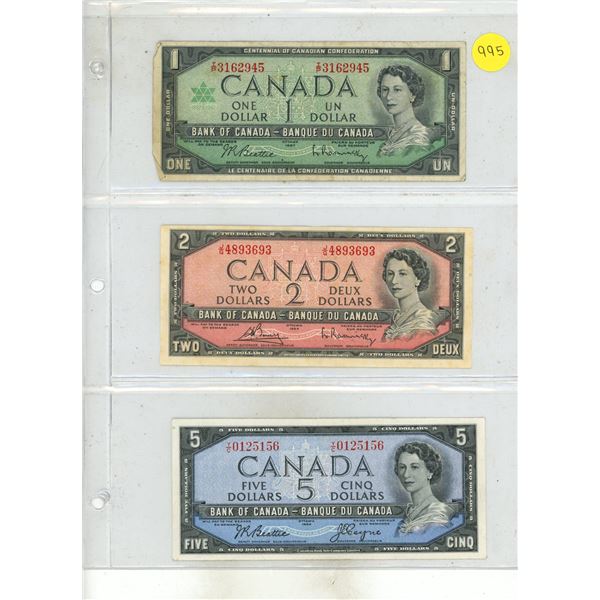 1967 Canada One Dollar and 1954 Canada Two and Five Dollars (Uncirculated).