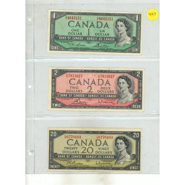 1954 Canada One, Two, Twenty Dollars.