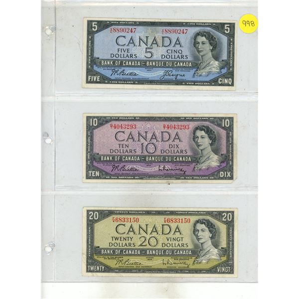1954 Canada Five, Ten, Twenty Dollars.