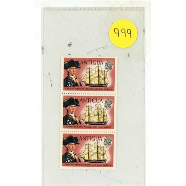 Strip of 3 Antigua 5 Cents Stamps depicting Captain Horatio Nelson and his ship HMS Boreas. Mint.