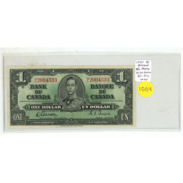 1937 $1. Gordon-Towers signatures. Wide Signature Panel. N/L Prefix. BC-21c. VF20.