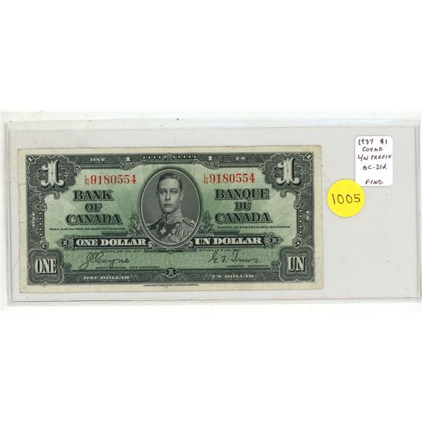 1937 $1. Coyne-Towers signatures. L/N Prefix. BC-21d. Fine12.