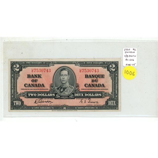 1937 $2. Gordon-Towers signatures. U/B Prefix. BC-22b. Fine15.