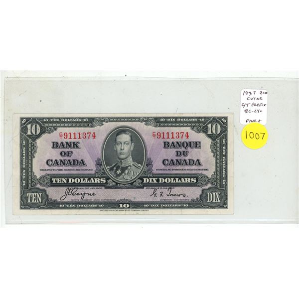 1937 $10. Coyne-Towers signatures. C/T Prefix. BC-24c. Fine15.