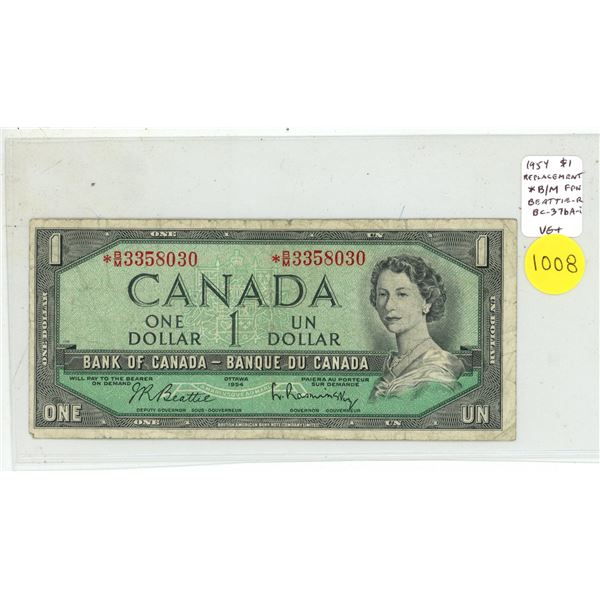 1954 $1 Modified Portrait Replacement. Beattie-Rasminsky signatures. *B/M Replacement Prefix. BC-37b