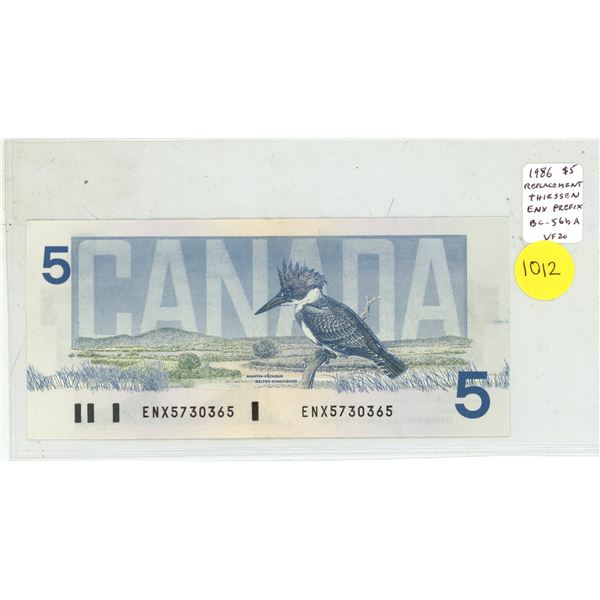 1986 $5 Replacement. Thiessen-Crow signatures. ENX Replacement Prefix. BC-56bA. VF20.