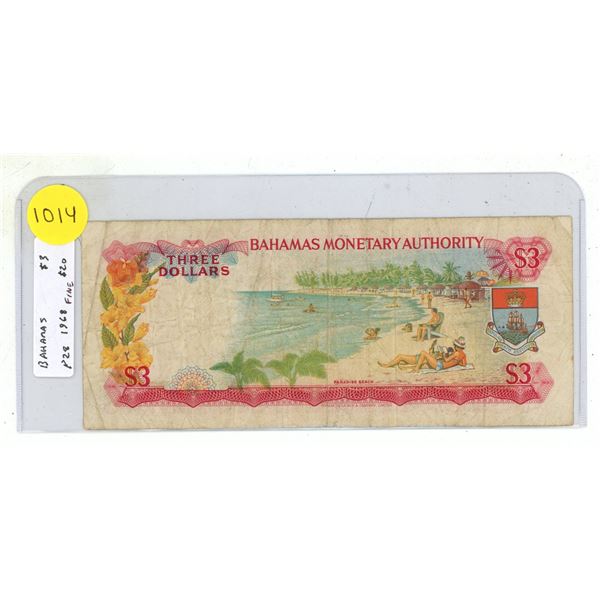 Bahamas. 1968 $3. Beach scene. Odd denomination. Fine.