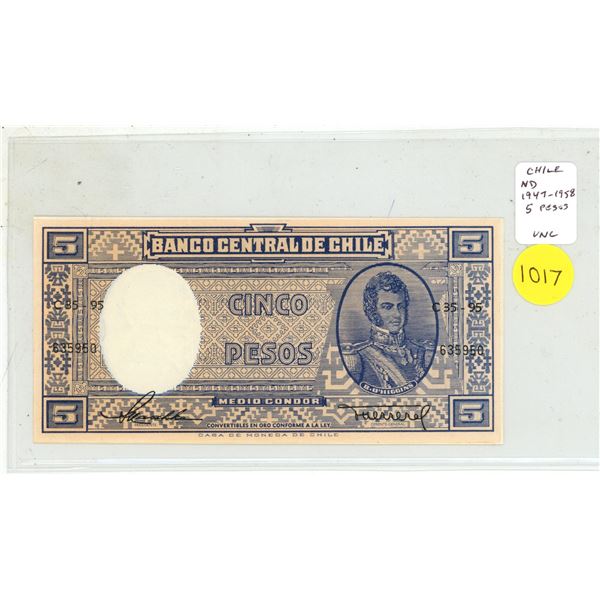 Chile. ND (1947-1958) 5 Pesos. Uncirculated.