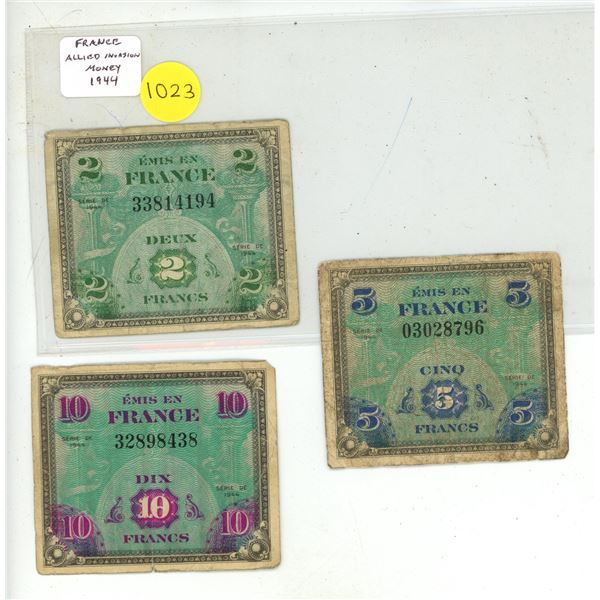 Set of 3 French Allied Military Currency notes. 1944 2 Francs, 5 Frances & 10 Francs. VG-Fine.