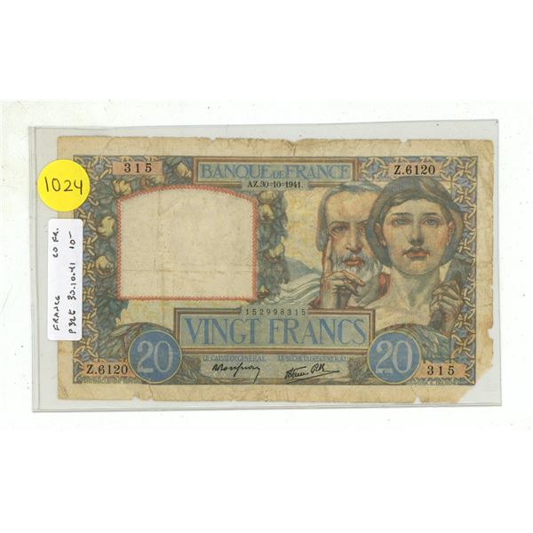 France. 1941 20 Francs. VG with pieces missing.