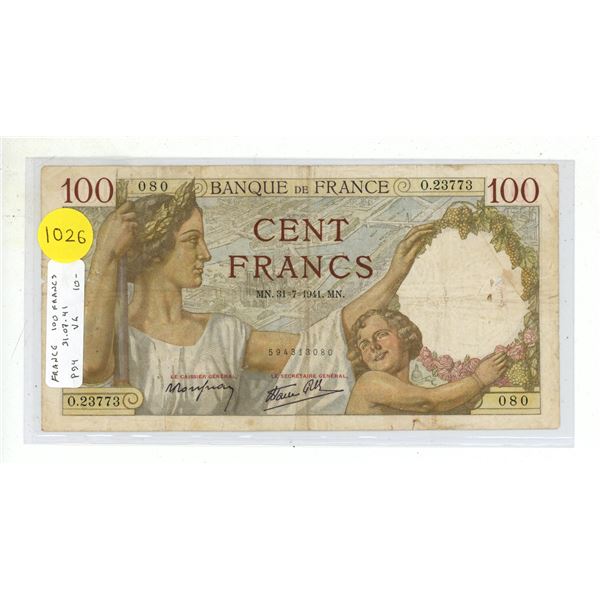 France. 1941 100 Francs. VG.