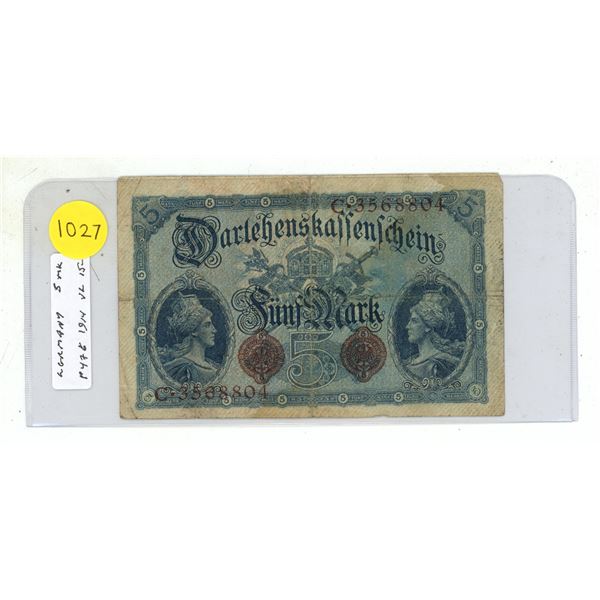 Germany – Empire. 1914 5 Mark Darlehensskassenschein. World War I issue. VG.