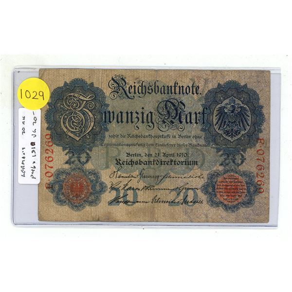 Germany – Empire. 1910 20 Mark Reichsbanknote. VG.