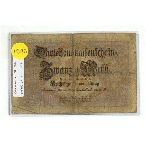 Germany – Empire. 1914 20 Mark Darlehenskassenschein. World War I issue. VG.