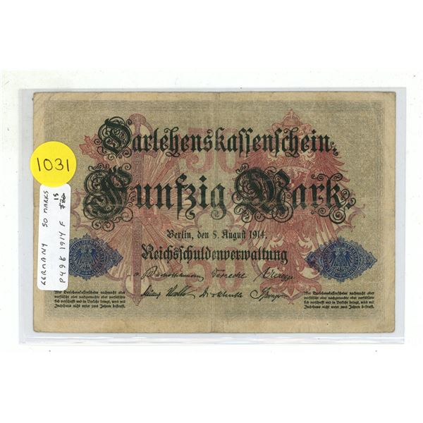 Germany – Empire. 1914 50 Mark Darlehenskassenschein. World War I issue. Fine.