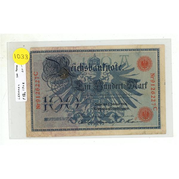 Germany – Empire. 1908 100 Mark Reichsbanknote. Fine with piece missing.