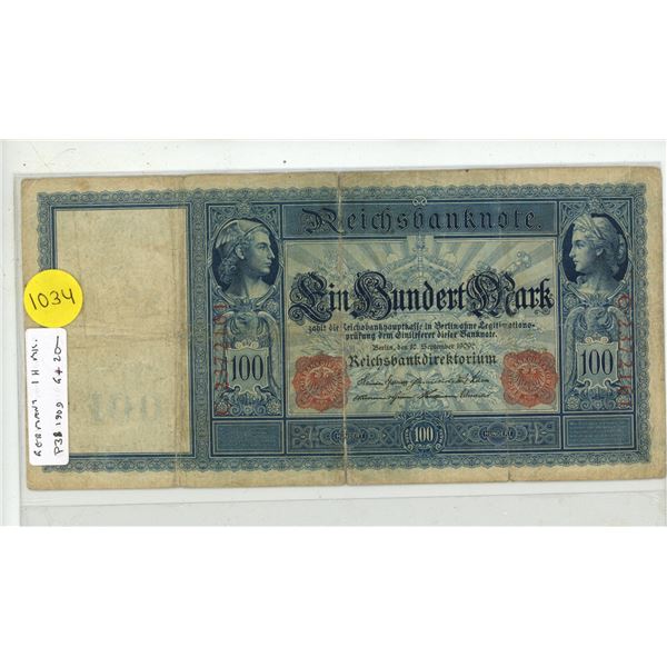 Germany – Empire. 1909 100 Mark Reichbanknote. Good+.