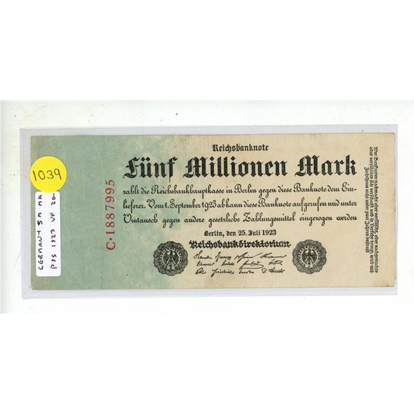 Germany – Weimar Republic. 1923 5 Million Mark Reichsbanknote. VF.