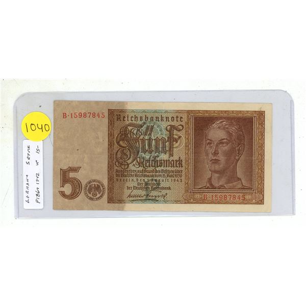 Germany – Nazi Third Reich. 1942 5 Reichsmark Reichsbanknote. Eagle with swastika. VF.