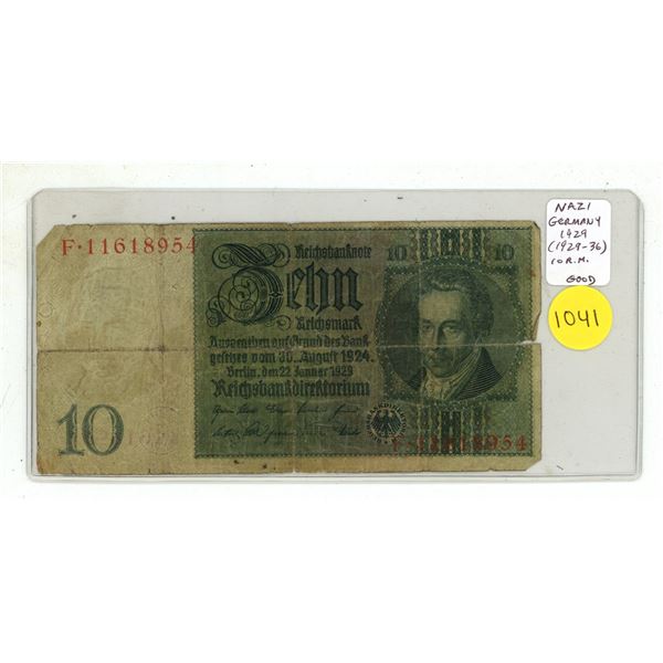 Germany – Nazi Third Reich. Dated 1929 it was issued in 1936. 10 Reichsmark Reichsbanknote.
