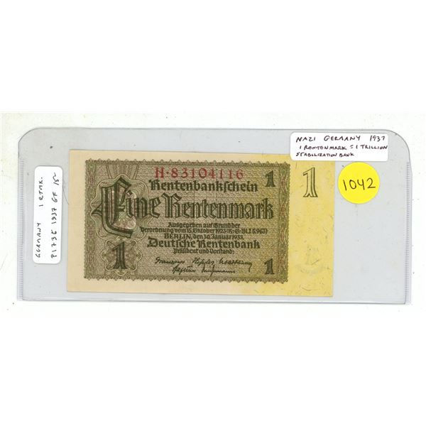 Germany – Nazi Third Reich. 1937 1 Rentenmark (1 Trillion Mark). Issued by the Stabilizatio