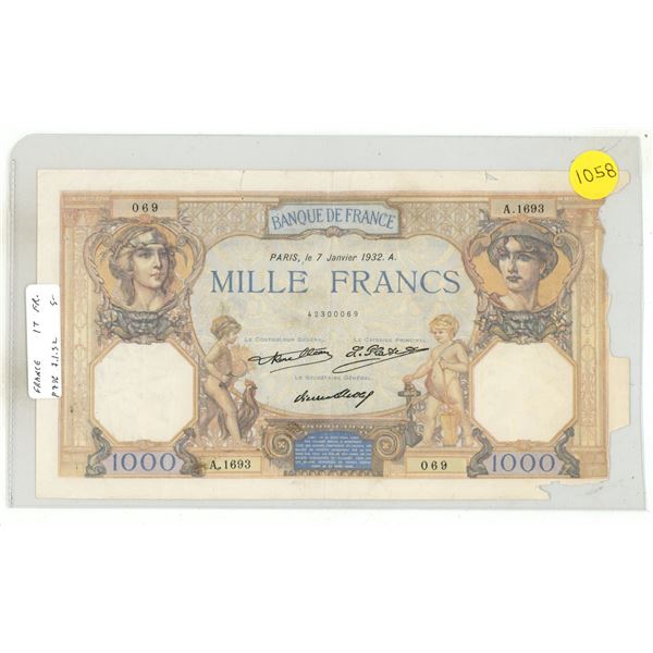 France. 1932 1000 Francs. VF but with pieces missing. Massive note.