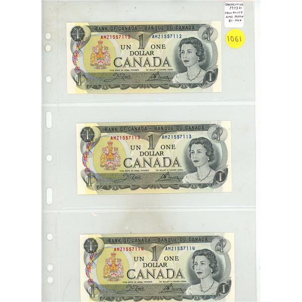 Set of 3 Consecutive Serial Number 1973 $1 notes. Crow-Bouey signatures. AMZ Prefix. Serial Numbers 