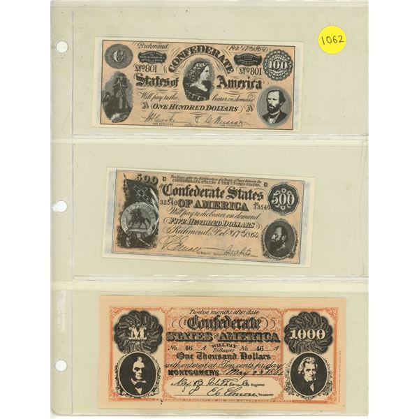 Set of 3 Counterfeit Confederate States of America notes. $100, $500 and $1000. None of these notes 