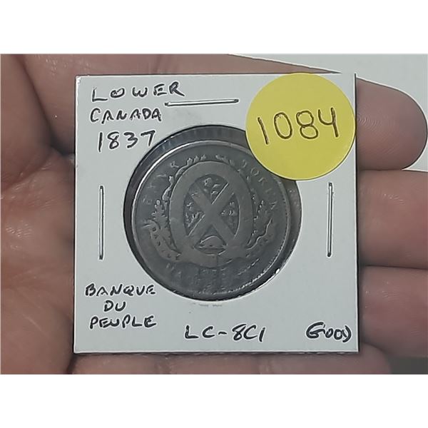 Lower Canada. 1837 Habitant Pre-Confederation Token. Banque du Peuple on ribbon. LC-8C1. Good.