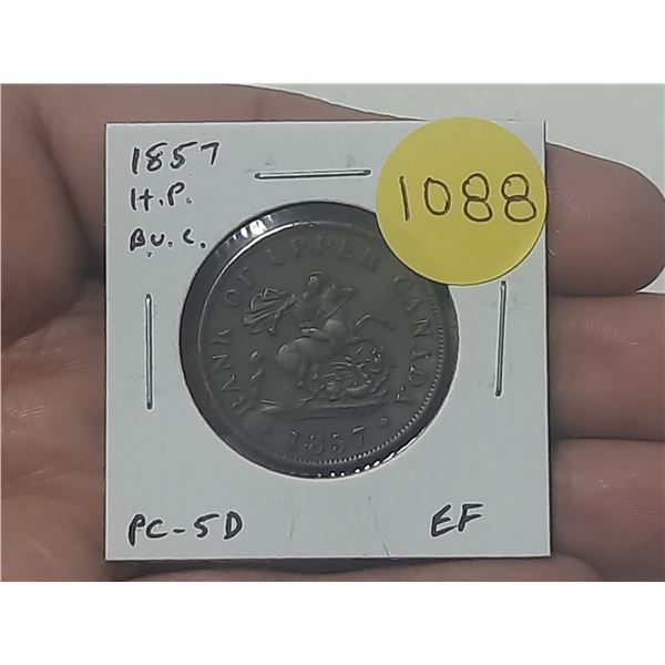 Province of Canada. 1857 Half Penny Token. Bank of Upper Canada. St. George slaying Dragon. PC-5D. E