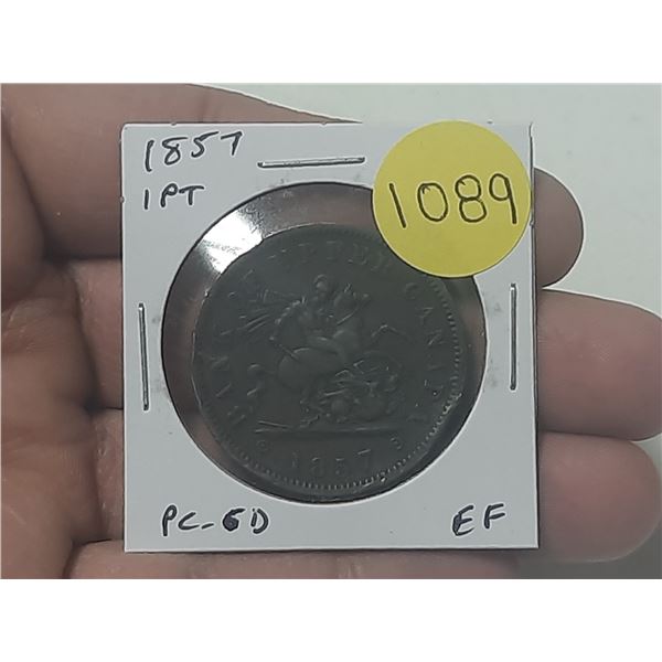 Province of Canada. 1857 One Penny Token. Bank of Upper Canada. St. George slaying Dragon. PC-6D. EF