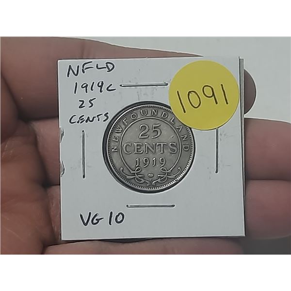 Newfoundland. 1919c Silver 25 Cents. The last 25 Cents issued for the colony. VG10.