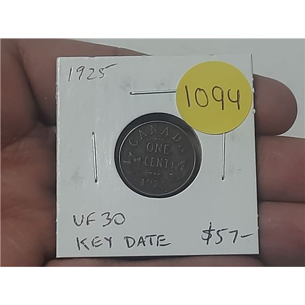 1925 Canadian Small Cent. Key Date. VF30.