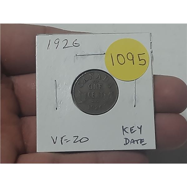 1926 Canadian Small Cent. Key Date. VF20.