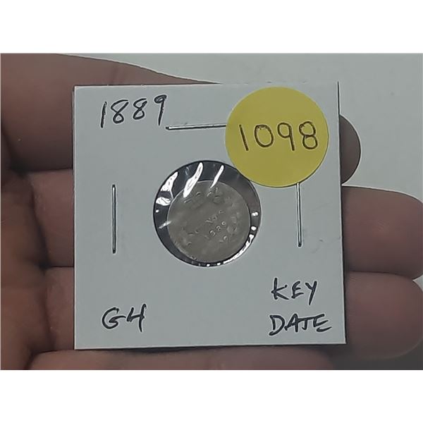 1889 Canadian Victorian Silver 5 Cents. G4. Key Date.
