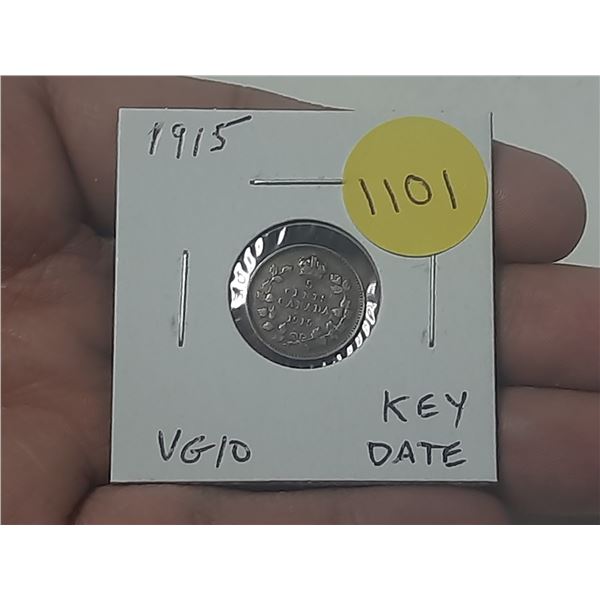 1915 Canadian Silver 5 Cents. Key Date. VG10.