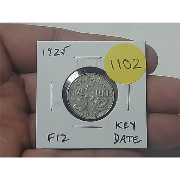 1925 Canadian Nickel 5 Cents. Key Date. F12.