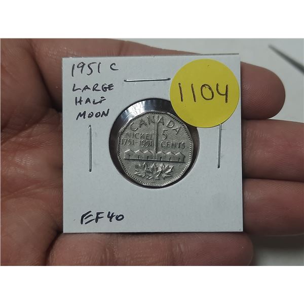 1951c Commemorative Nickel 5 Cents with Large Half Moon from Die Clash. EF40.
