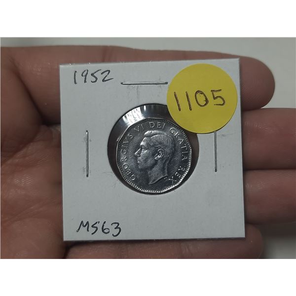 1952 Canadian Nickel 5 Cents. MS63.