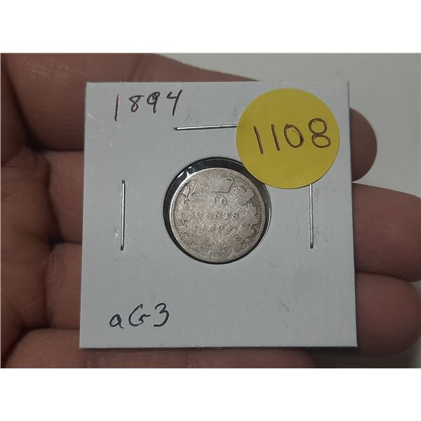1894 Canadian Victorian Silver 10 Cents. aG3 with readable date.