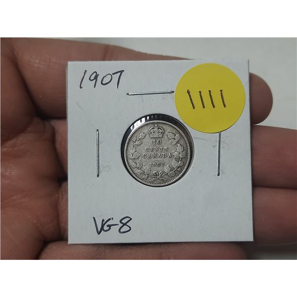 1907 Canadian Silver 10 Cents. VG8.