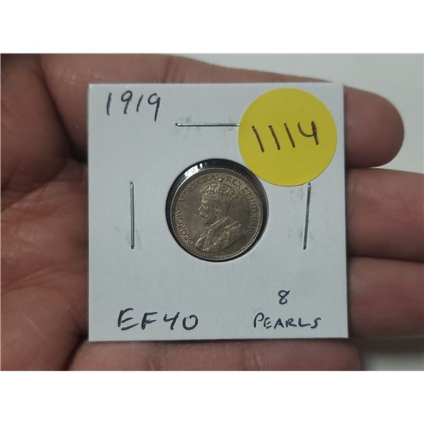 1919 Canadian Silver 10 Cents. EF40 with 8 pearls.