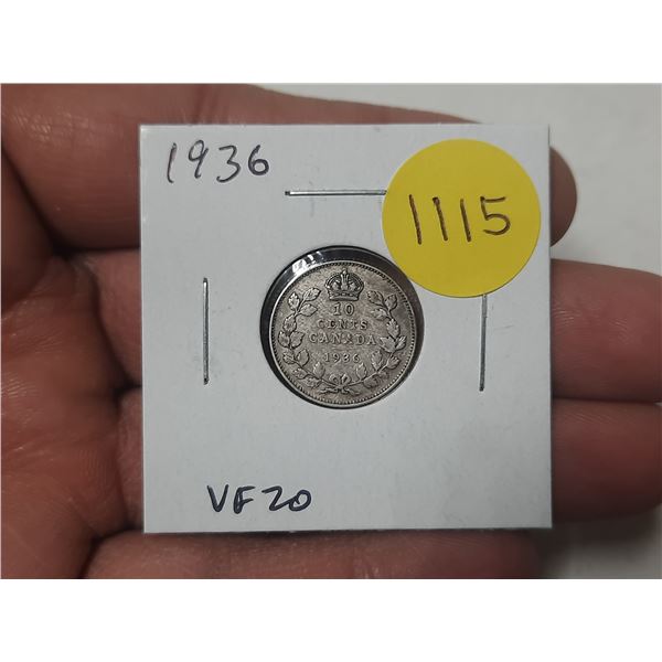 1936 Canadian Silver 10 Cents. Last issue of King George V. VF20.