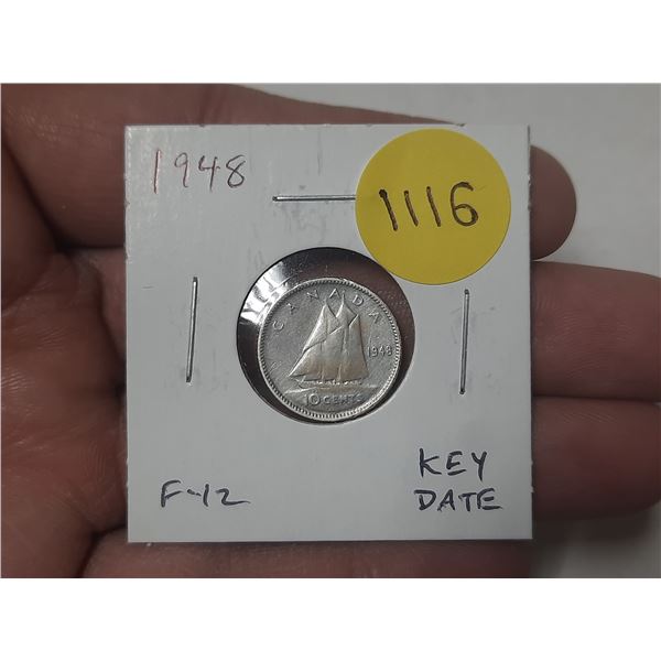 1948 Canadian Silver 10 Cents. Key Date. F12.