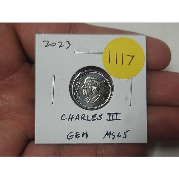 2023 Charles III Canadian 10 Cents. First issue of the new king. Gem MS65.