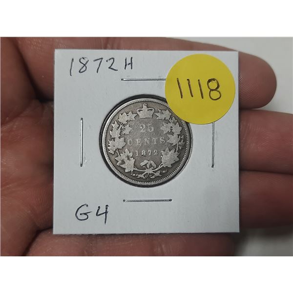 1872H Canadian Victorian Silver 25 Cents. Heaton Mint. G4.